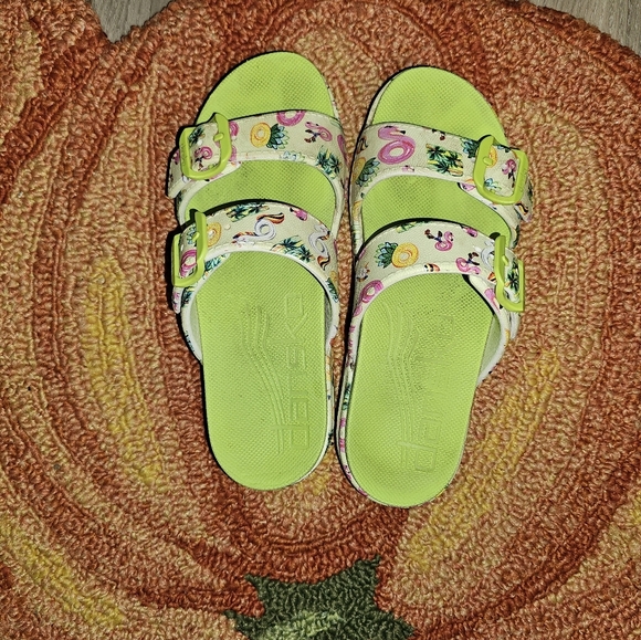 DANSKO 'Kandi' Lime Green Pink Flamingo Adjustable Sandals EVA 6.5-7/37 - Picture 3 of 4